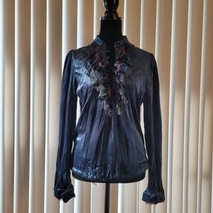 Elegant Navy Blouse with Ruffle Details